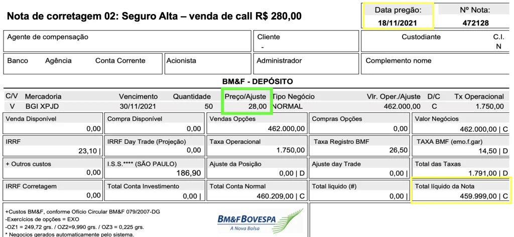 Nota de corretagem 02: venda de call strike R$ 280,00 recebendo R$ 28,00 por arroba.