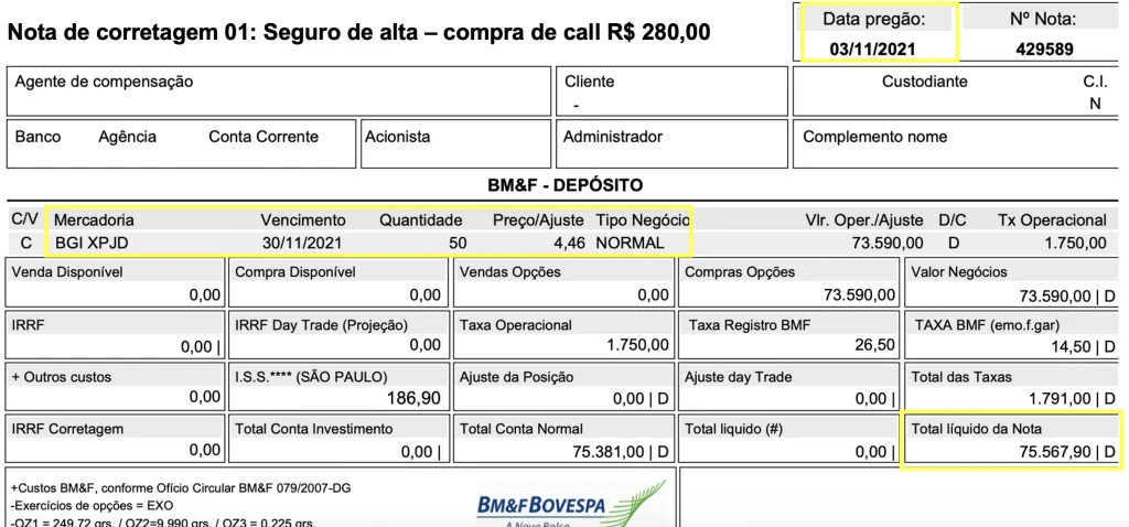 Nota de corretagem apresentada acima mostra a compra de uma call no strike de R$ 280,00 e o custo total de R$ 75.567,90