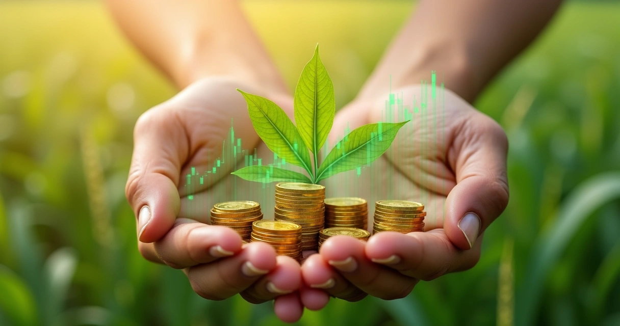 Mãos segurando uma folha verde e moedas empilhadas com gráficos financeiros ao fundo
