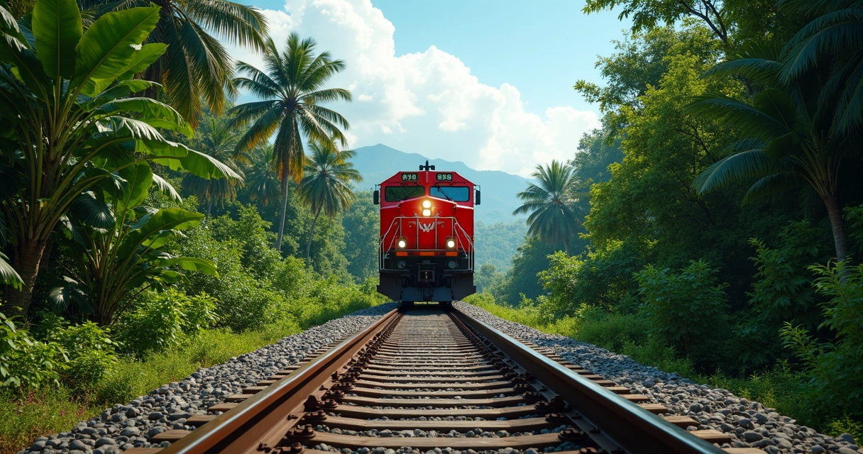 Locomotiva vermelha passando por ferrovia na região amazônica com áreas verdes ao redor, céu azul e montanhas ao fundo