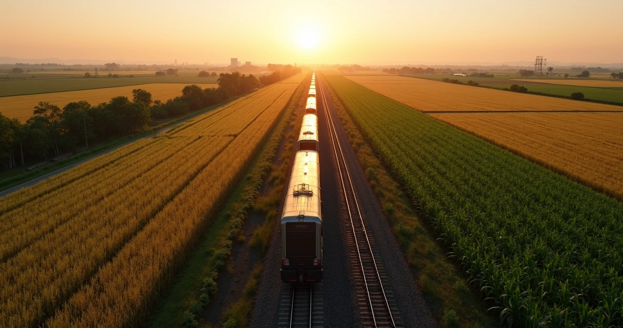 Vista aérea de trens de carga em ferrovias cercadas por plantações de soja e milho ao pôr do sol em Mato Grosso
