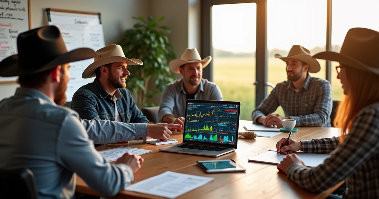 Mesa de negociação com gráficos de commodities agrícolas em tela digital e produtores rurais analisando preços do mercado