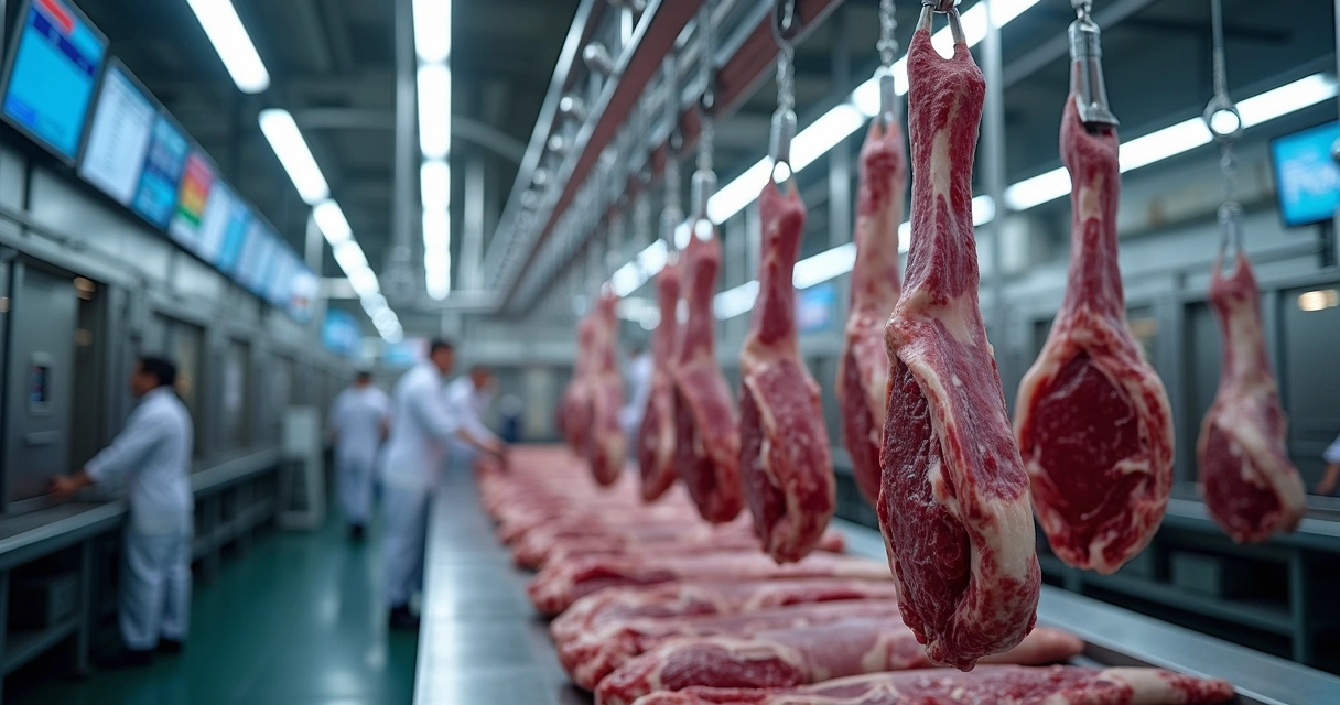 Linha de produção de abate em frigorífico moderno com cortes de carne bovina na esteira
