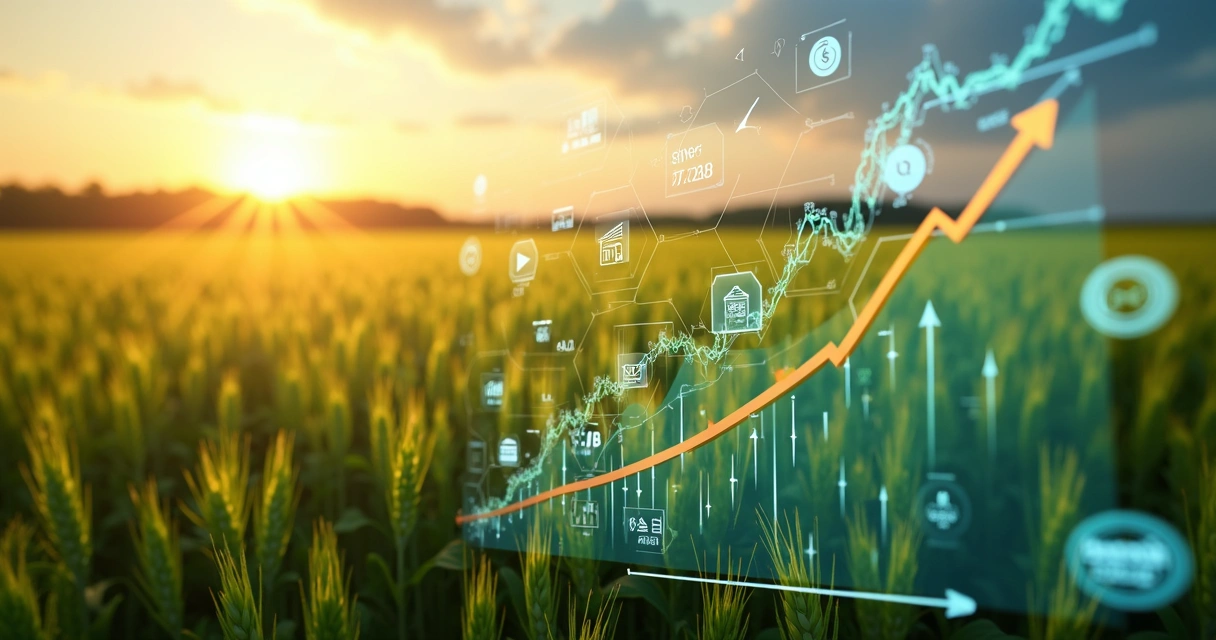 Representação visual de investimentos em renda fixa no agronegócio com gráficos e símbolos financeiros em fundo agrícola