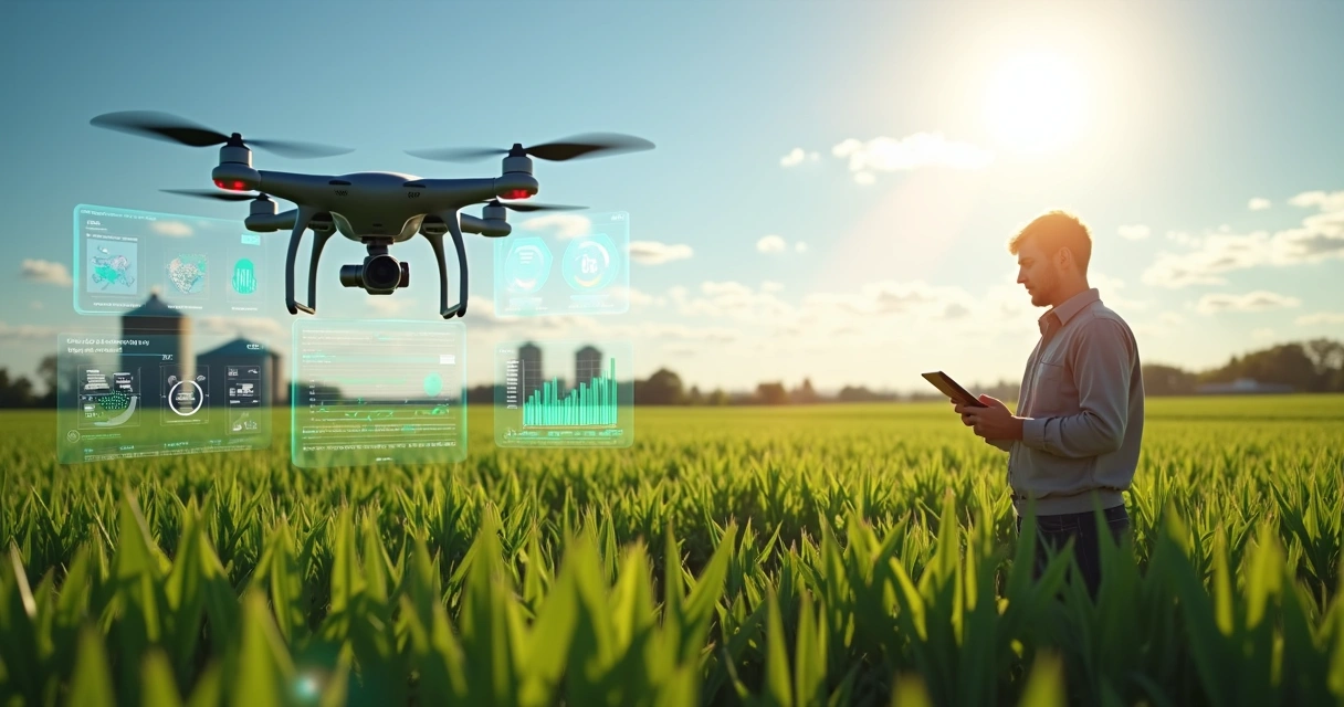 Equipamentos tecnológicos modernos em plantação, com drone sobrevoando campo e fazendeiro usando tablet