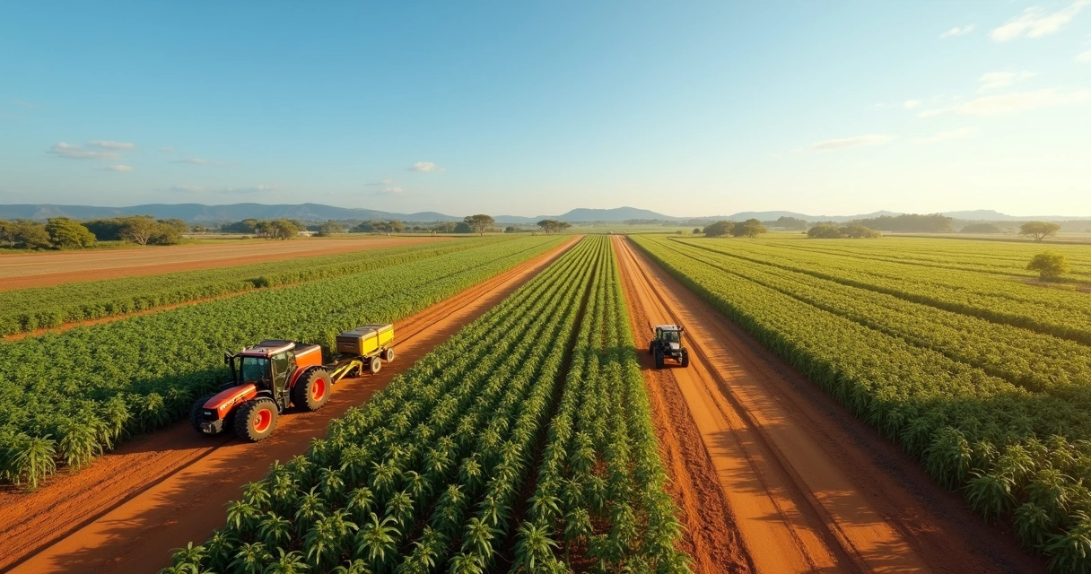 Paisagem agrícola com plantações extensas de soja no MATOPIBA, céu azul claro e máquinas agrícolas em operação