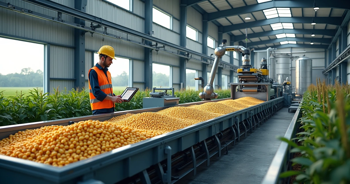 Linha de produção agroindustrial com equipamentos modernos e tecnologia avançada em ambiente rural