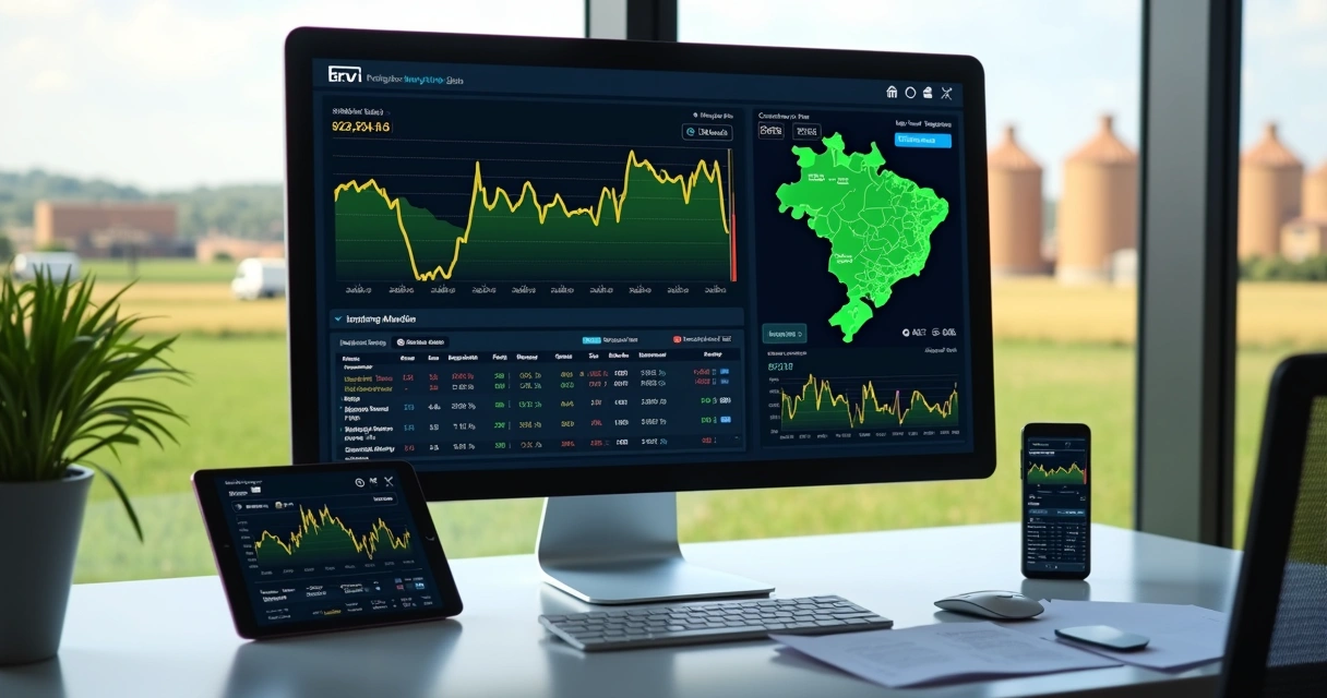 Tela de computador mostrando plataforma digital de comercialização de grãos com gráficos, tabelas e mapas