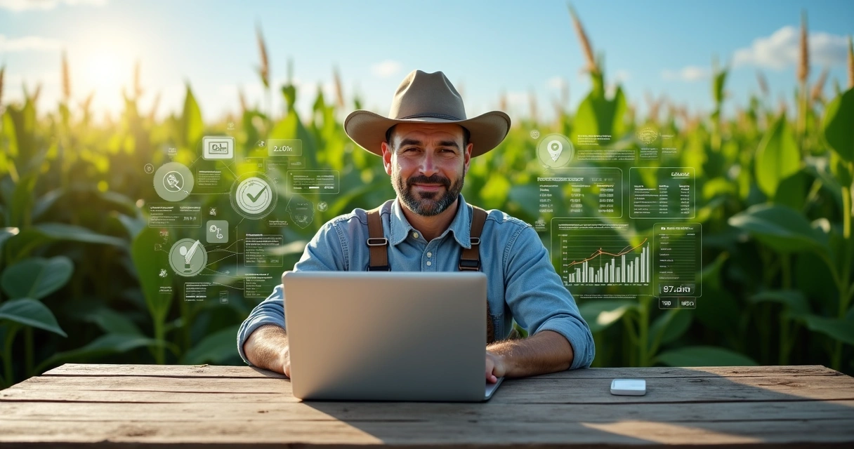 Produtor rural analisando contratos futuros de soja em laptop com gráficos de preços e campos de soja ao fundo