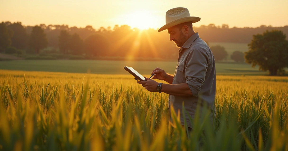 Gráfico financeiro superposto a campo de soja e agricultores analisando tablet