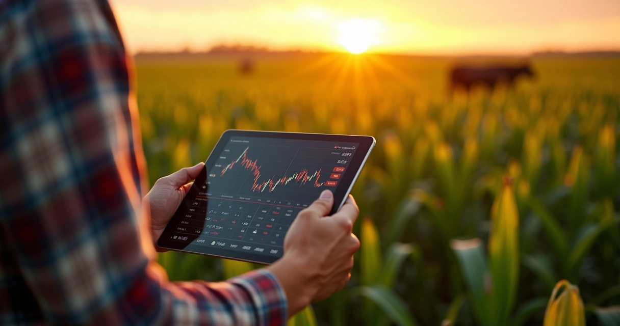 Agricultor analisando gráficos financeiros em tablet com plantação de soja ao fundo
