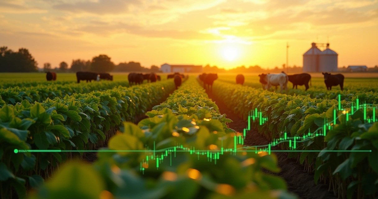 Gráfico financeiro sobreposto a campo agrícola com soja, milho e boi gordo ao fundo durante pôr do sol