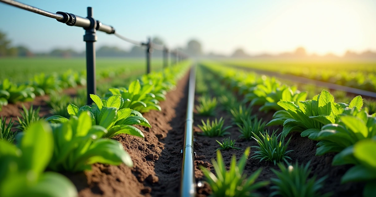 Sistema de irrigação por gotejamento em campo agrícola com plantas verdes e tubos distribuindo nutrientes solúveis