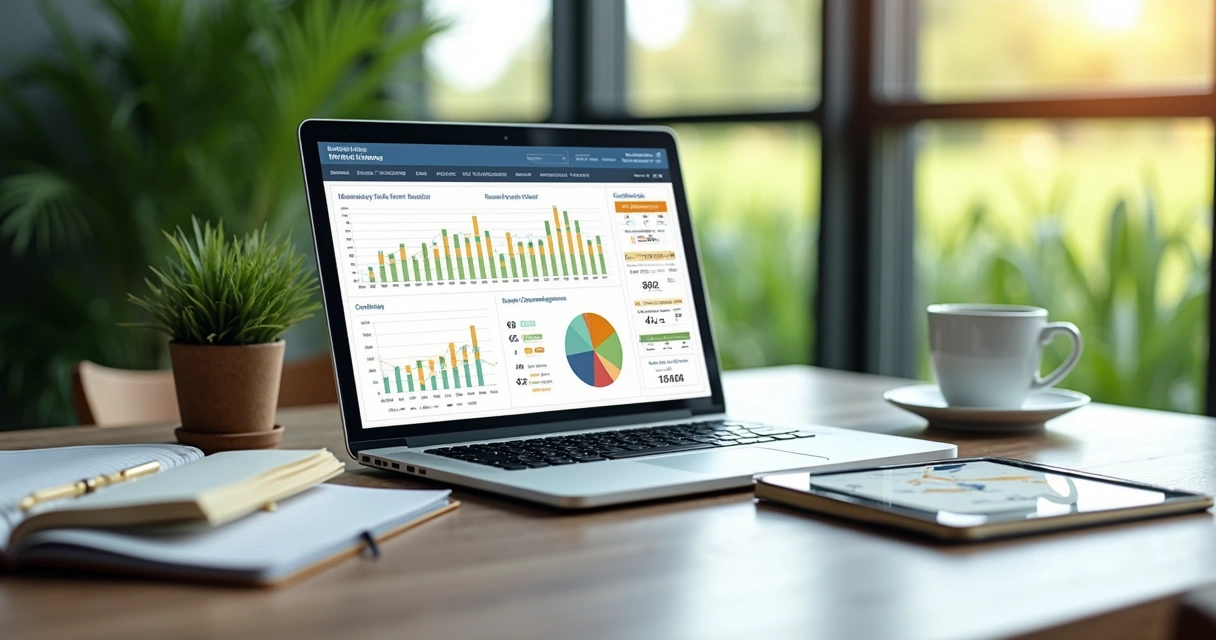 Mesa de escritório com laptop aberto mostrando gráficos de mercado agrícola, cadernos com anotações e tablet exibindo dados de commodities