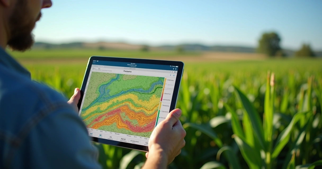 Mapa agrícola digital exibido em tablet com imagens de plantio, solo e produtividade no campo ao fundo