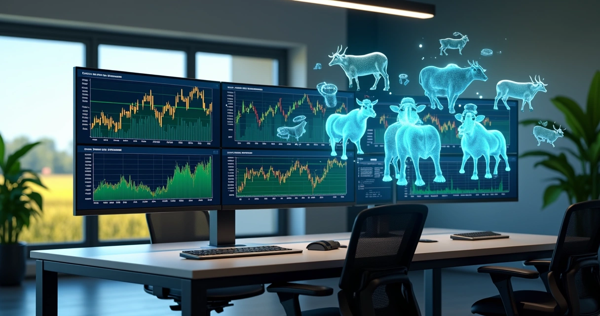 Mesa com gráficos financeiros digitais e commodities agrícolas como soja, milho e boi gordo em tela holográfica