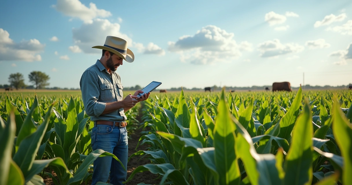Produtor rural analisando plantações de soja em campo aberto sob céu azul com nuvens