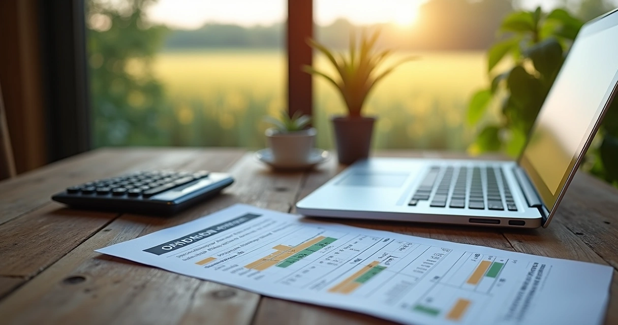 Mesa com calculadora, laptop exibindo gráfico financeiro e contrato futuro de soja sobre superfície de madeira