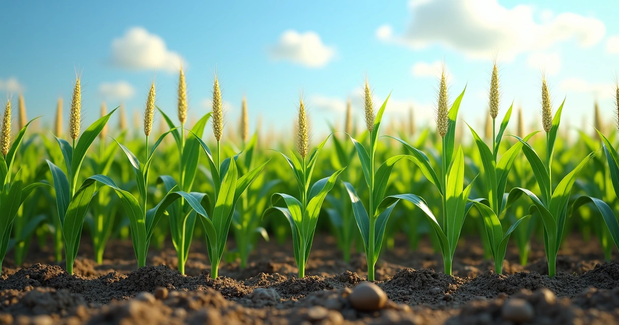 Campo de milho com diferentes estádios fenológicos visíveis, plantas verdes em fases vegetativas e reprodutivas