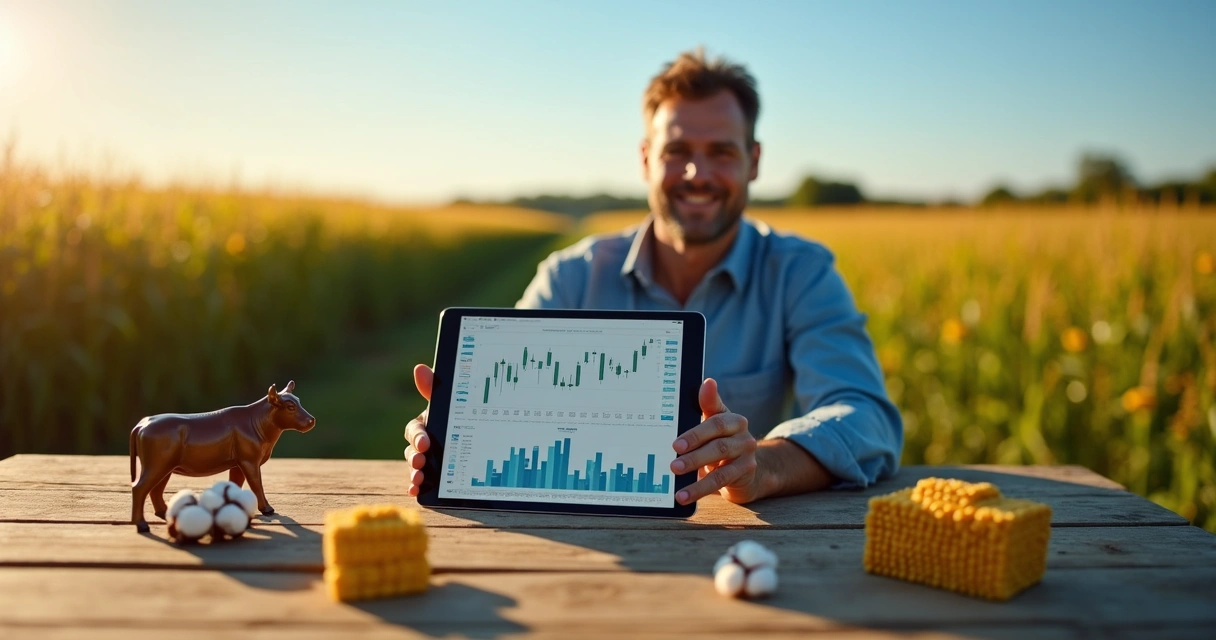 Produtor rural consultando gráficos financeiros de commodities em tablet com paisagem de plantação ao fundo