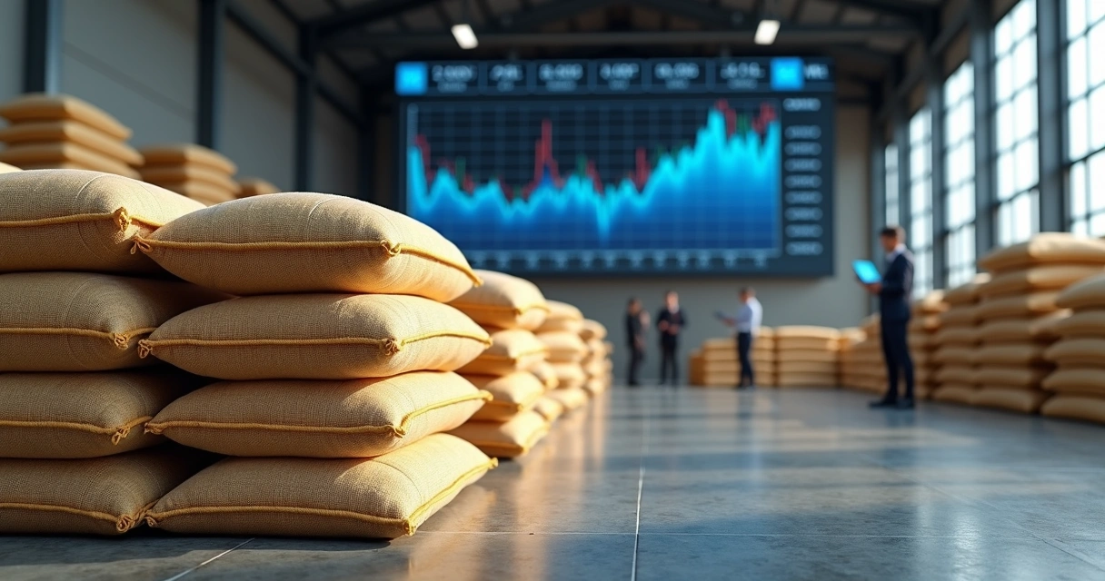 Farelo de soja empilhado em sacos perto de mercado agrícola com gráficos financeiros ao fundo