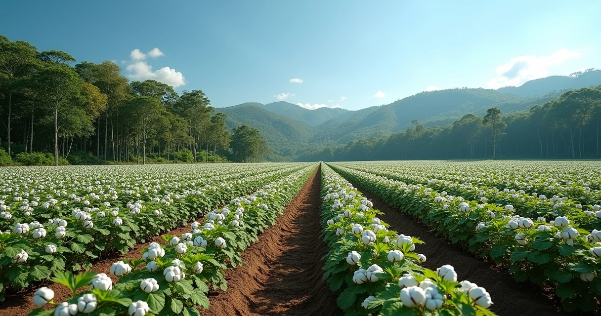 Fazenda com plantações de algodão e áreas de reflorestamento ao fundo durante o dia