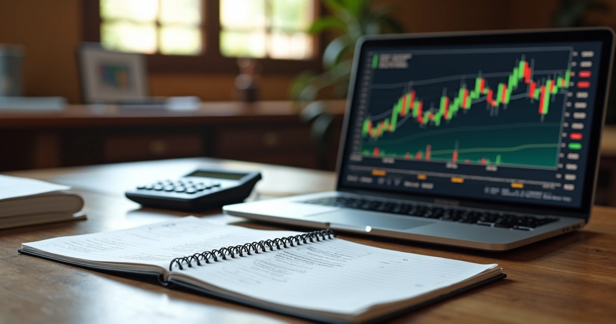 Mesa de madeira com documentos financeiros, calculadora, e um laptop mostrando gráficos de preços do boi gordo, com um caderno aberto ao lado contendo anotações sobre carta pecuária, em ambiente de escritório rural