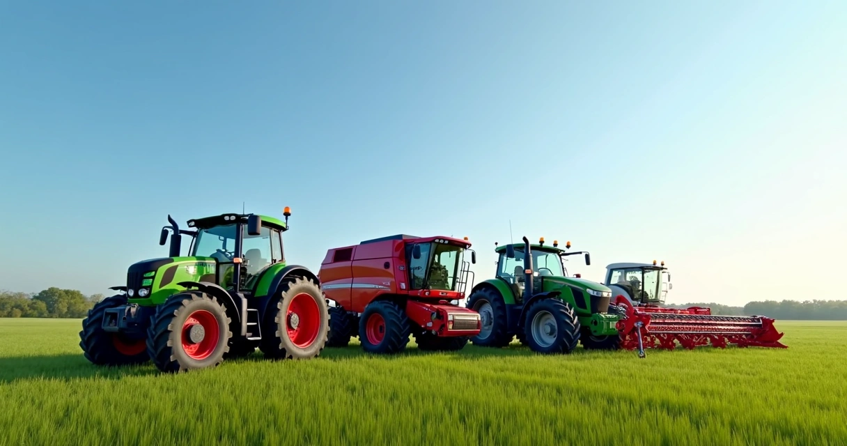 Máquinas agrícolas modernas em um campo aberto sob céu azul claro