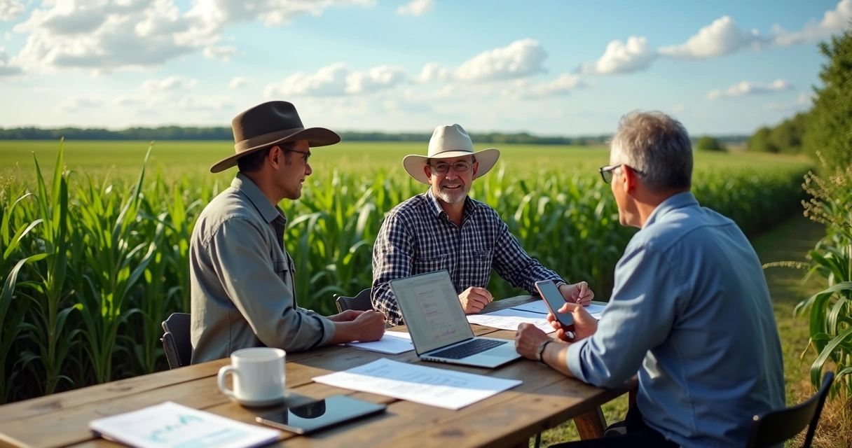 Produtores rurais e gestor agrícola negociando contratos personalizados em ambiente rural com campos de soja e milho ao fundo