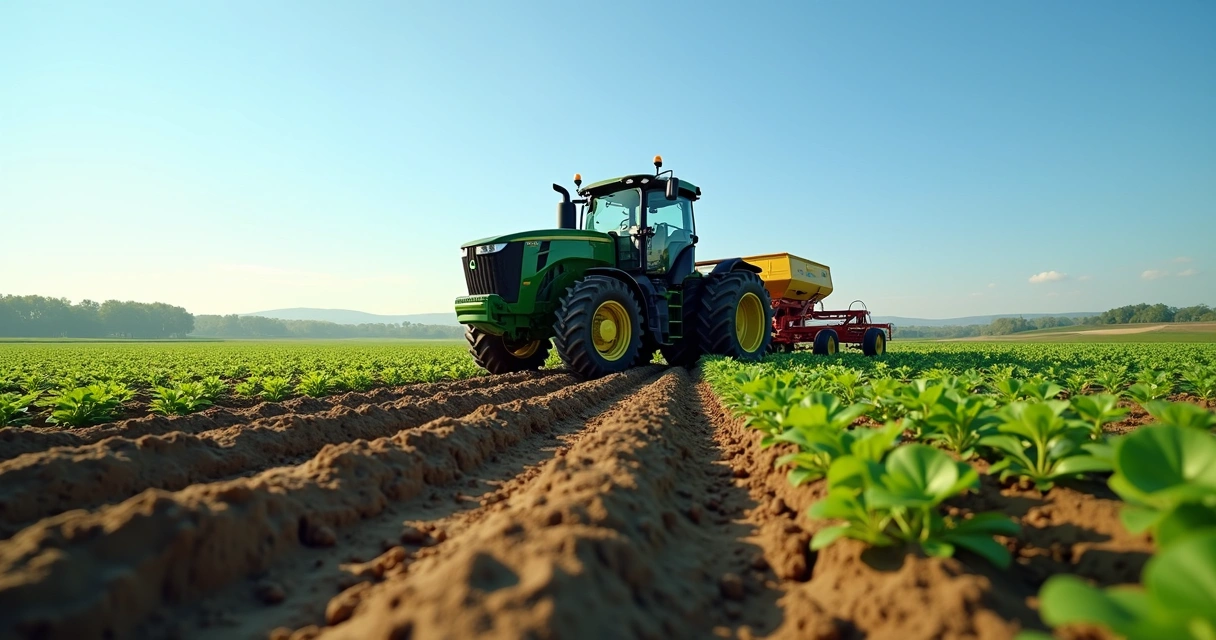 Trator em campo preparando o solo para semeadura da soja com céu claro e plantas da cultura brotando ao fundo