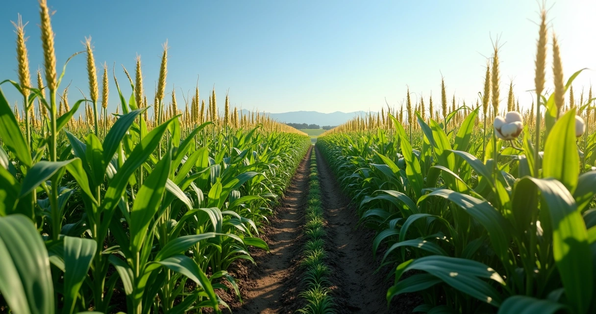 Campos agrícolas com plantas de soja, milho e algodão crescendo em fileiras organizadas sob céu azul claro