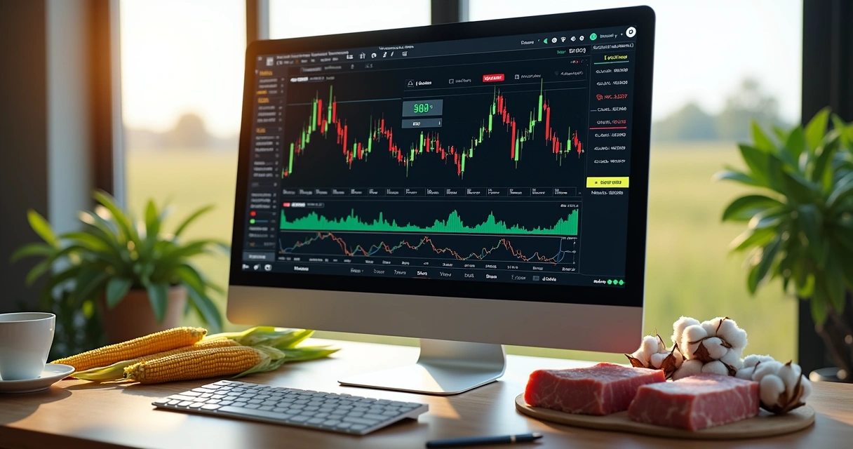 Tela de computador mostrando gráficos e tabelas de operações put spread em commodities agrícolas