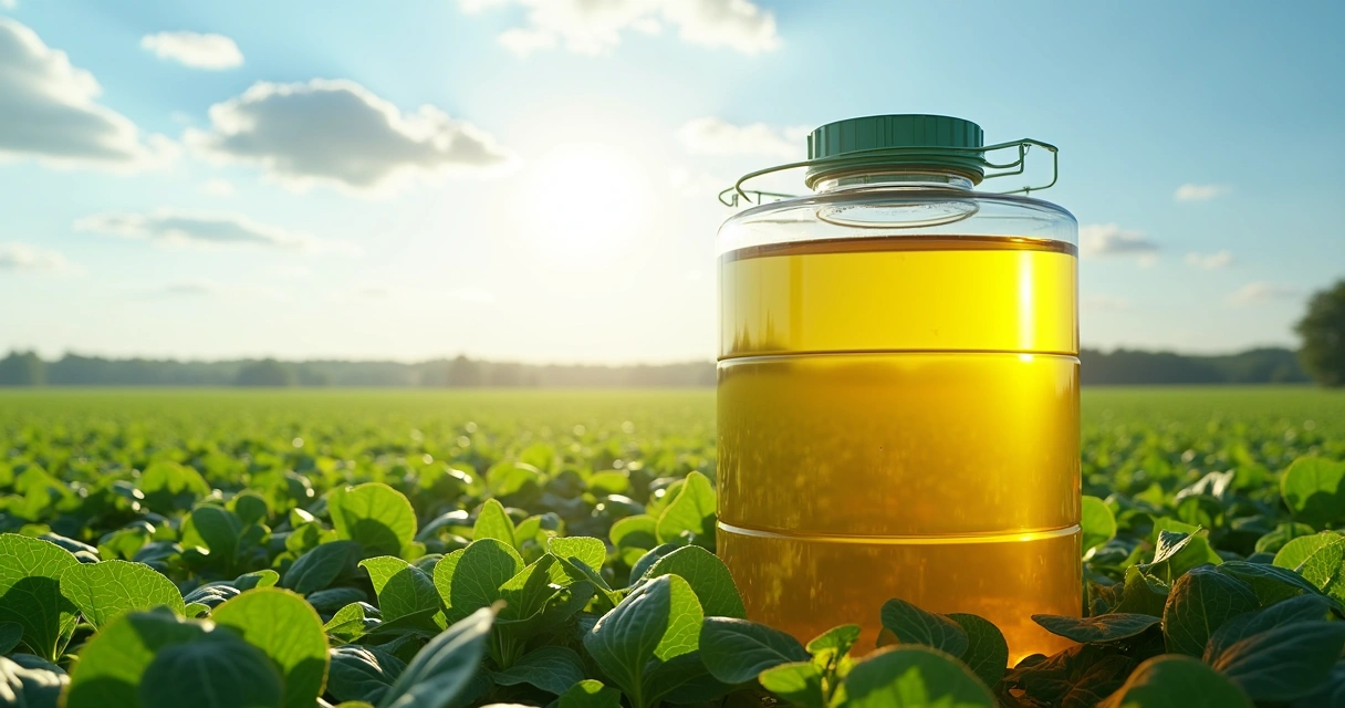 Tanque de biodiesel transparente ao lado de plantações de soja sob céu azul claro
