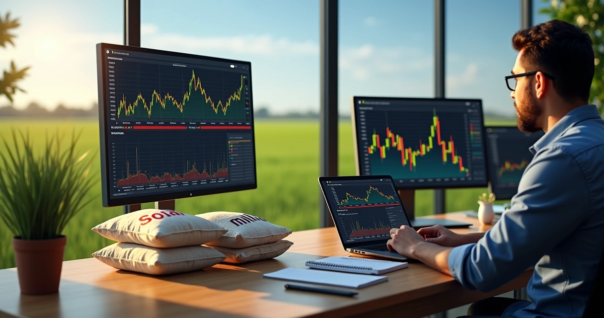 Agricultor analisando mercado agrícola em escritório moderno com gráficos financeiros e sacos de soja e milho