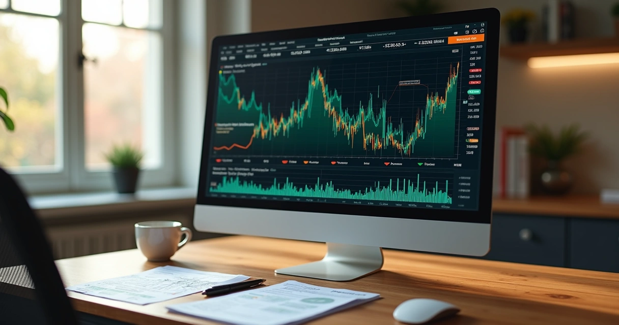 Tela de computador mostrando gráficos financeiros de câmbio e commodities agrícolas em ambiente de escritório