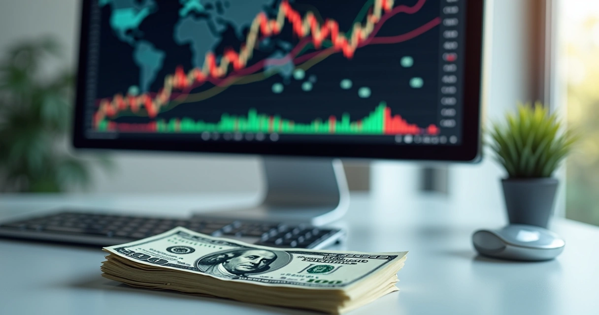 Tela de computador exibindo gráficos financeiros ao lado de cédulas de dólar comercial e dólar turismo