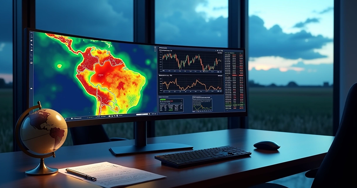 Mapa climático do El Niño ligado a gráfico financeiro de commodities agrícolas