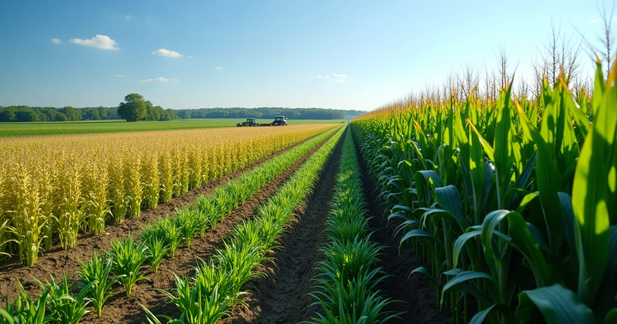 Plantação extensa de milho e soja em uma fazenda sob céu claro, com maquinário agrícola ao fundo