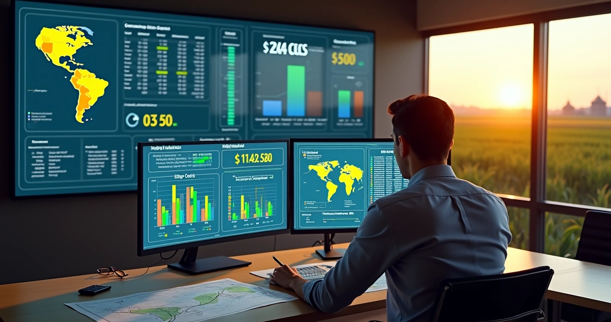 Painel digital com mapas de calor mostrando custos da safra de soja