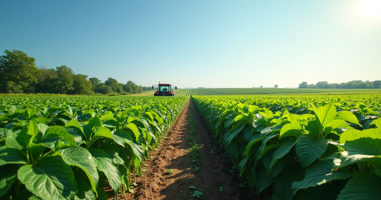 Campo de soja com plantas em diferentes estágios de crescimento durante o período de entressafra, céu claro e iluminação natural