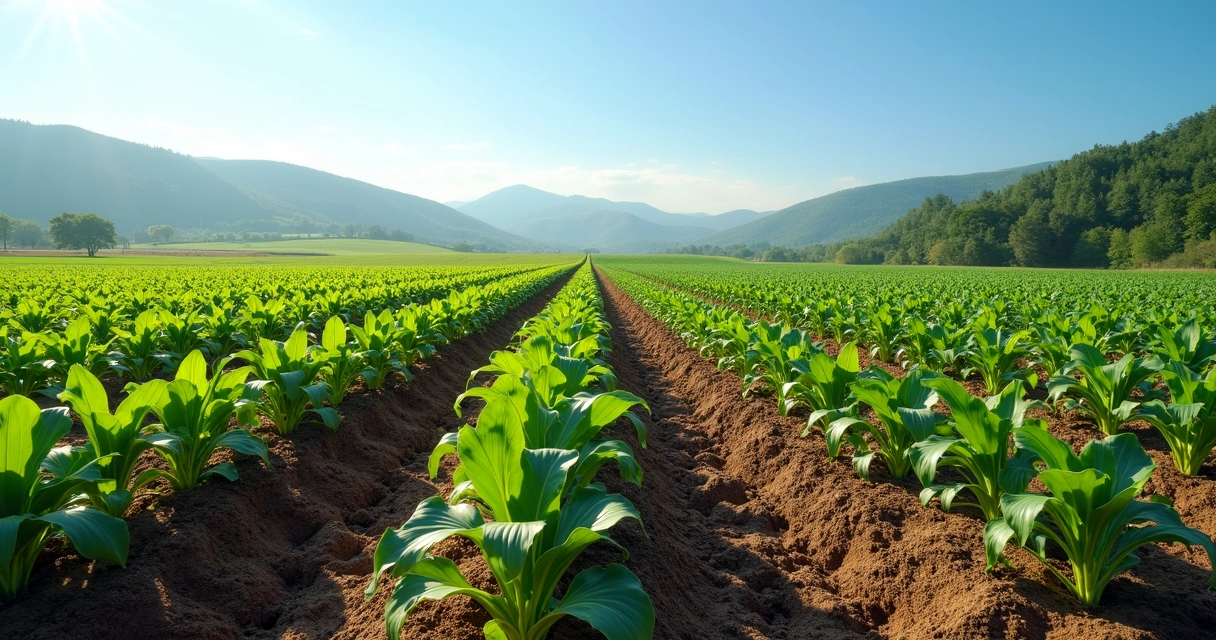 Campo agrícola com plantio direto mostrando lavoura de soja e milho com palhada no solo, céu azul claro e vegetação ao fundo