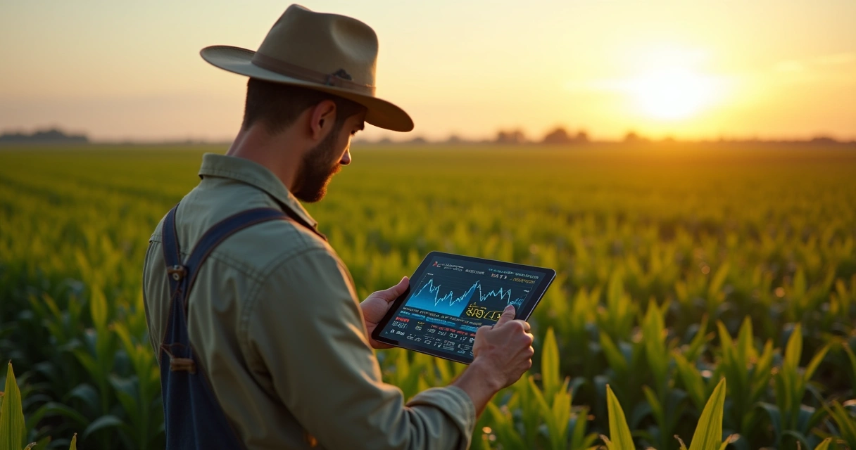 Produtor rural observando contratos e preços da soja em tela digital no campo