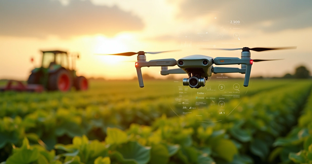 Drone sobrevoando plantação com tela digital de dados agrícolas em transparência