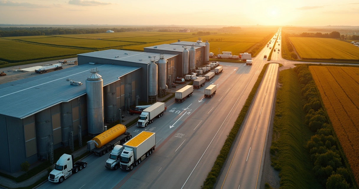 Vista aérea de centro logístico agrícola moderno com caminhões e silos