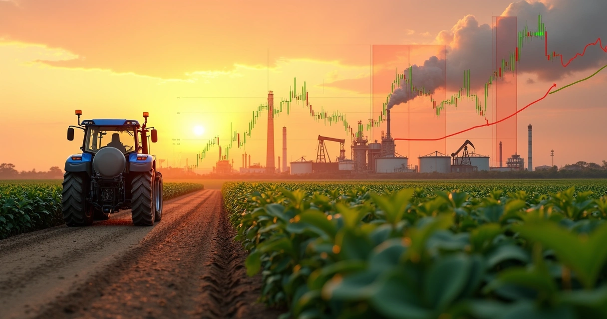 Campo de soja ao pôr do sol com refinaria de petróleo ao fundo e gráficos de custos sobrepostos
