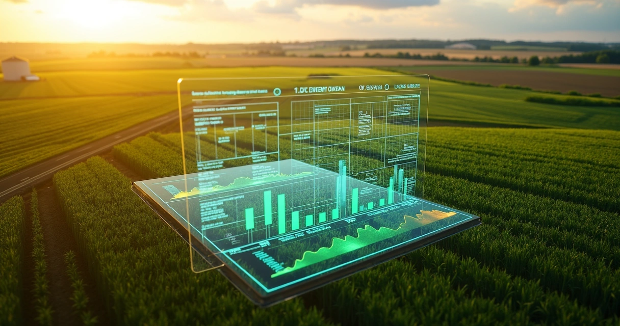 Análise de custos agrícolas em tela transparente sobre plantação vista do alto