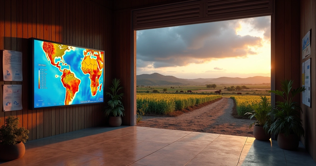 Painel de previsão climática em galpão rural com próxima safra ao fundo