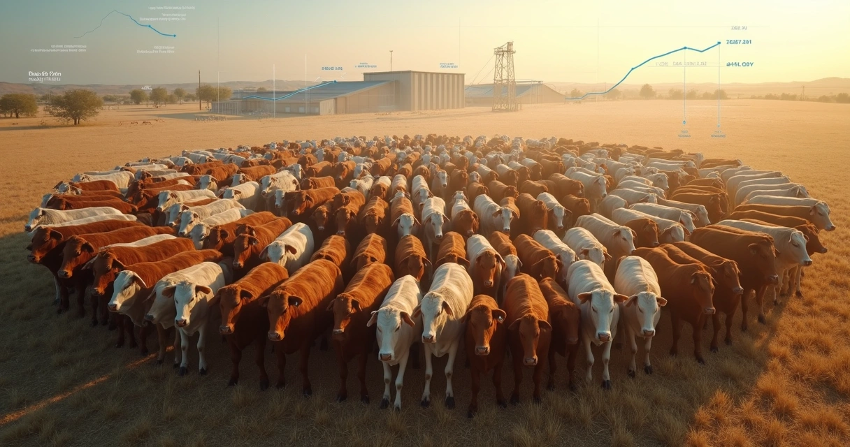 Rebanho de bois em formação circular sobreposto por gráfico de preços agro