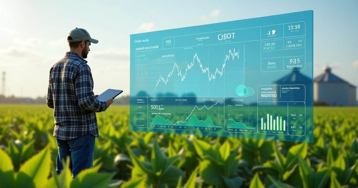 Produtor rural encarando painel digital com gráficos do preço da soja
