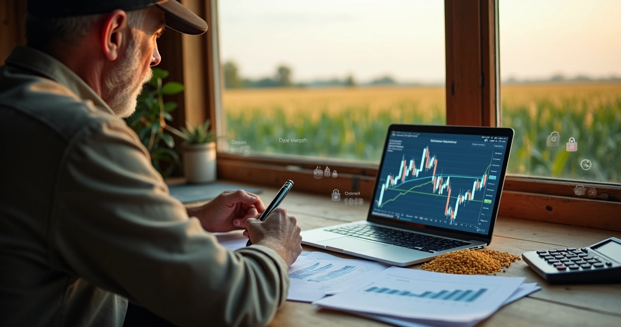 Produtor rural analisando gráfico de margem em calculadora sobre mesa com grãos